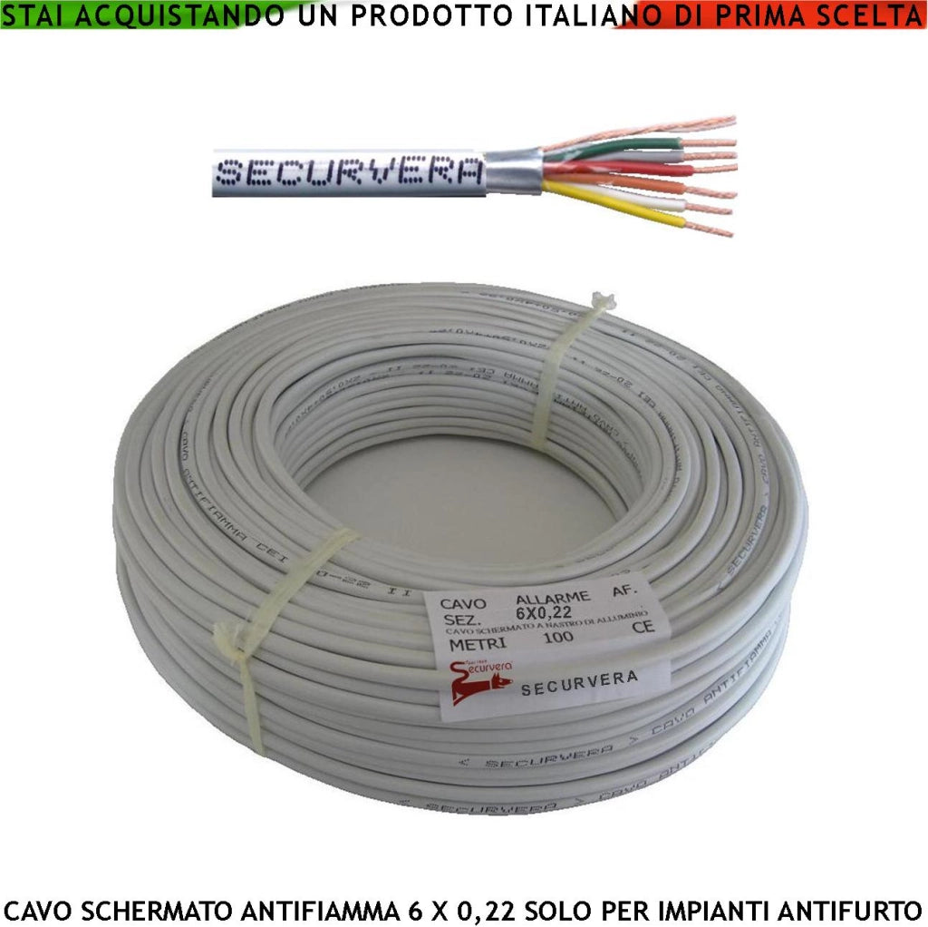 Cavo Schermato Flessibile Antifiamma 6x0,22 mm² Guaina PVC Bianco Prot. Alluminio/Poliest Drenaggio 6 Conduttori Coppie Polariz. Fili 7 Ø 0,19 mm Per Impianti di Allarme Antifurto Norma CEI 20/22-III