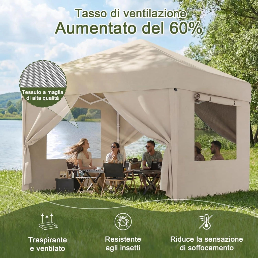 Gazebo Pieghevole con Finestra a Rete Aerata, Gazebo 3x3 Impermeabile Stabile Invernale, Gazebo Pop Up con Pareti Laterali, Protezione UV 50+, Tenda da Festa per Giardini, Campeggio (Beige)