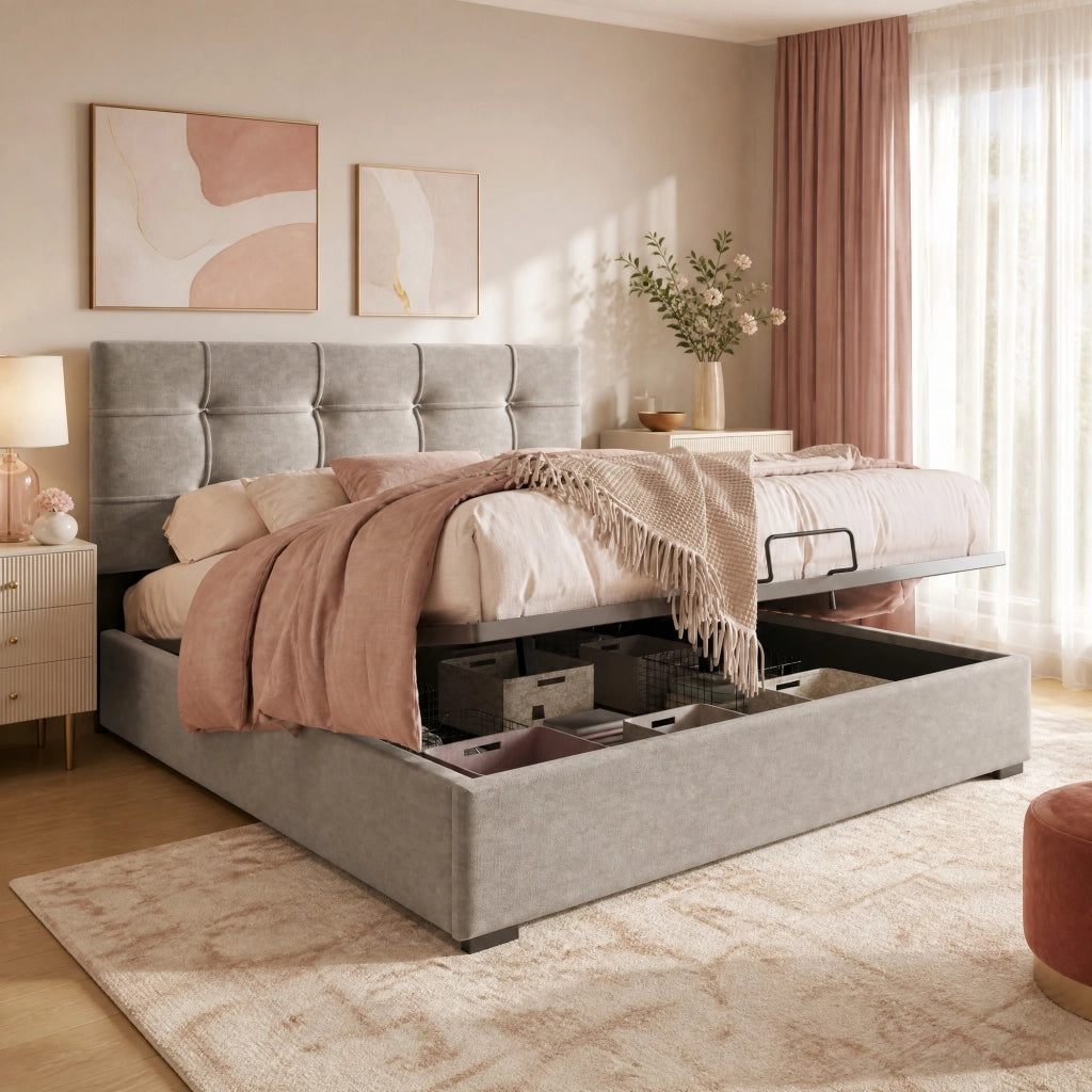Letto contenitore matrimoniale 140x200 cm in velluto, testiera regolabile, grigio chiaro