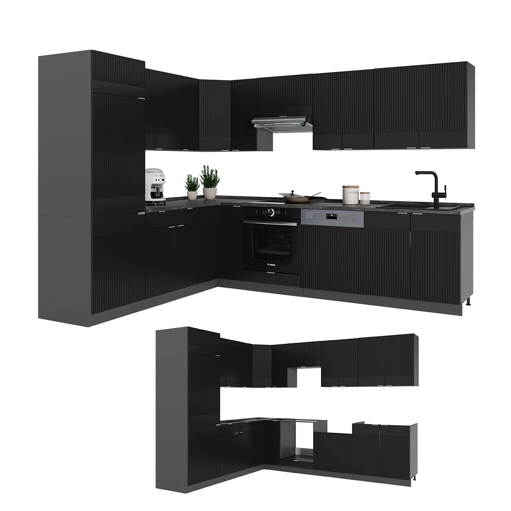 Vicco Cucina angolare completa Nero a righe/antracite 227 x 60 cm senza piano di lavoro