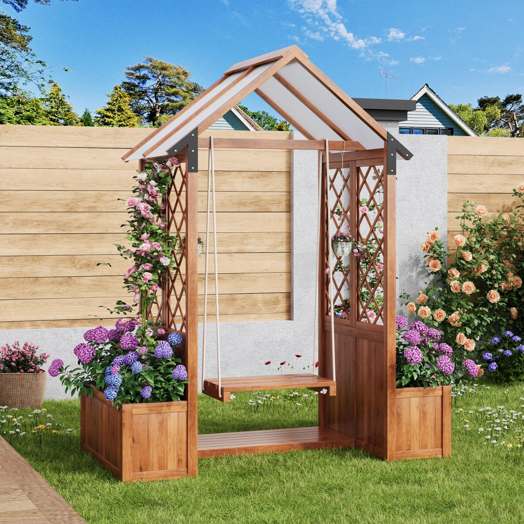 Fioriera Con Grigliato E Altalena; Tetto PC Anti-UV; Legno Massello Marrone; per Giardino Terrazza Balcone 163¡Á142¡Á70 cm