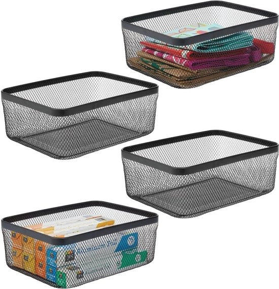 Set di 4 contenitori multifunzionali in metallo, contenitore di archiviazione per cucina, magazzino, bagno e così via - contenitore di archiviazione compatto e universale - nero