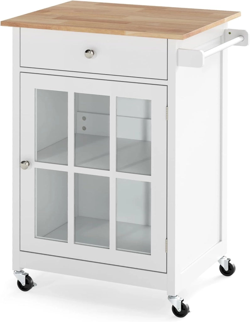 Carrello da Cucina, Armadietto Mobile con Piano in Legno di Gomma Ruote Bloccabili Cassetto e Porta Asciugamani, Carrello Isola da Cucina, 65x48,5x87,5 cm