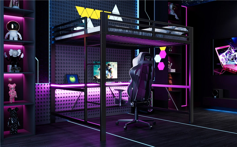 DESMIU Lit mezzanine 160 × 200 cm 2 posti con scrivania, LED e senza materasso, in metallo e MDF, nero