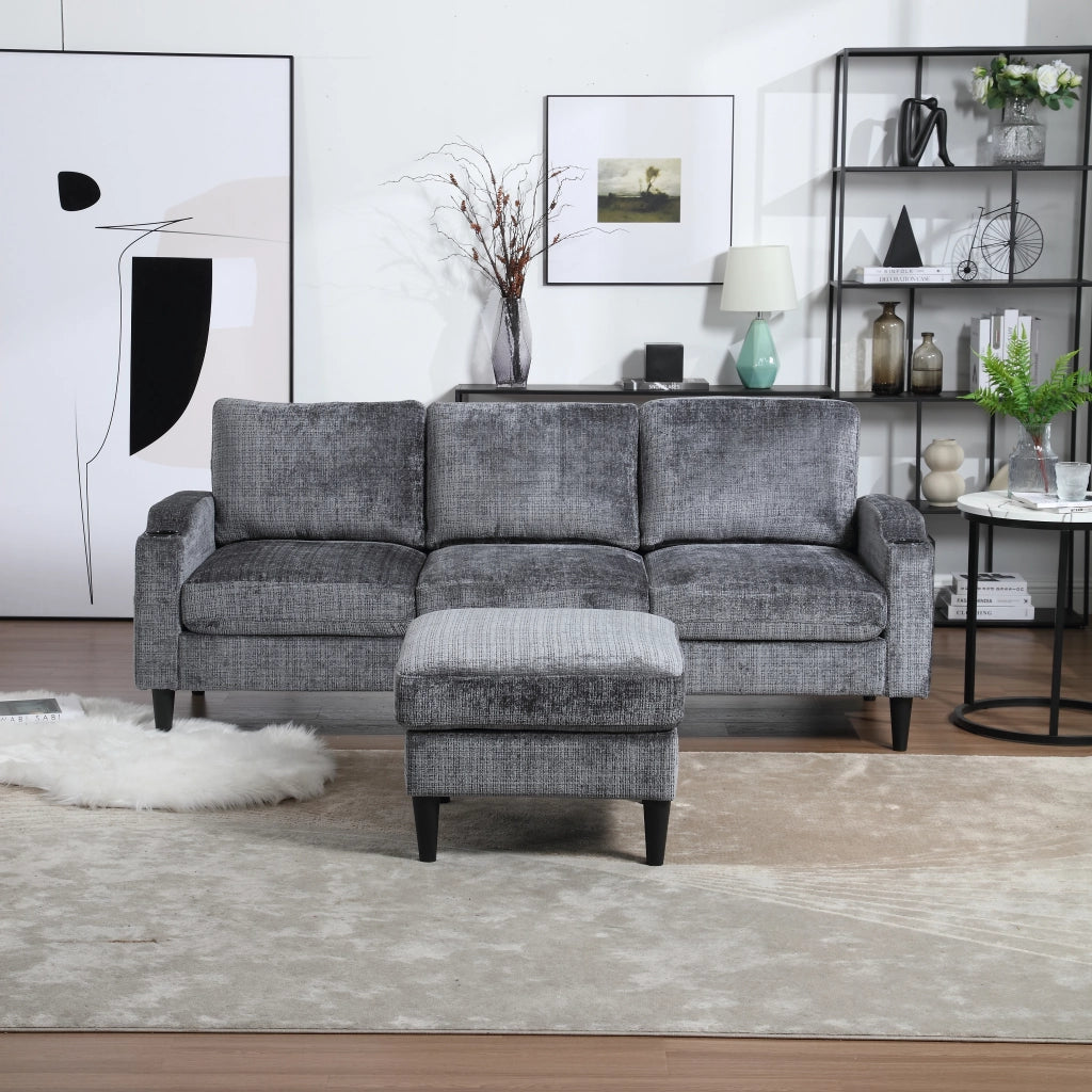 DIVANO 4 POSTI Con pouf contenitore 196,5x75x77 cm Chenille grigio
