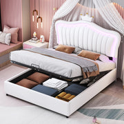 OKWISH Letto Bambini 140×200 cm, Letto Singolo con Contenitore Idraulico, LED Multicolore e Testiera Regolabile, senza Materasso, PU Bianco