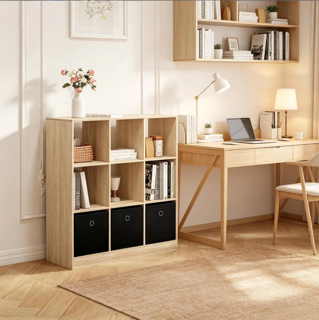 Libreria a cubi con 3 cassetti in tessuto rovere chiaro e nero