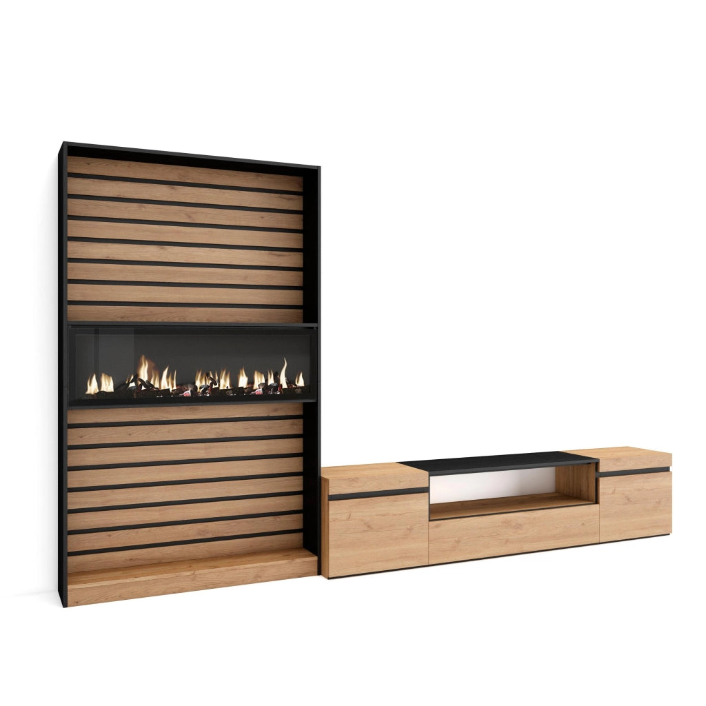 Mobile TV, Soggiorno, 310x35x186cm, Per TV fino a 80", Camino elettrico, colore Rovere e nero RF2858