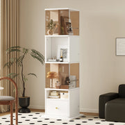 Vetrina girevole con led, 1 cassetto e vani aperti, per soggiorno e studio, in MDF e vetro, bianco e marrone, 50 × 50 × 160 cm