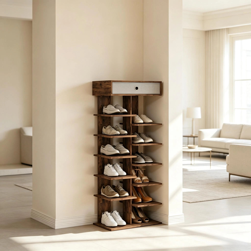 SCARPIERA Salvaspazio 49,5x118x30 cm effetto legno con 12 vani e cassetto