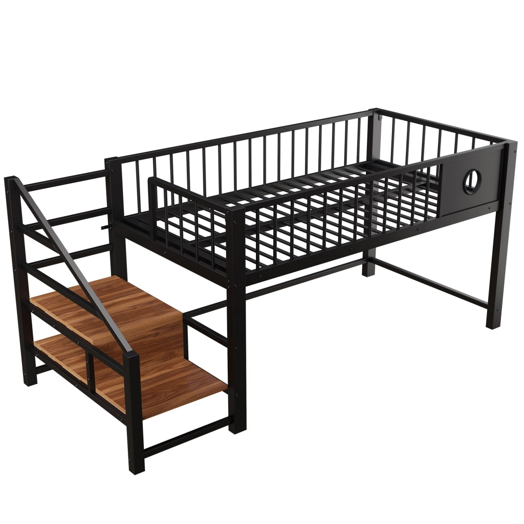 Letto a soppalco basso per bambini 90 × 200 cm con scala contenitore, struttura in metallo, senza materasso, nero