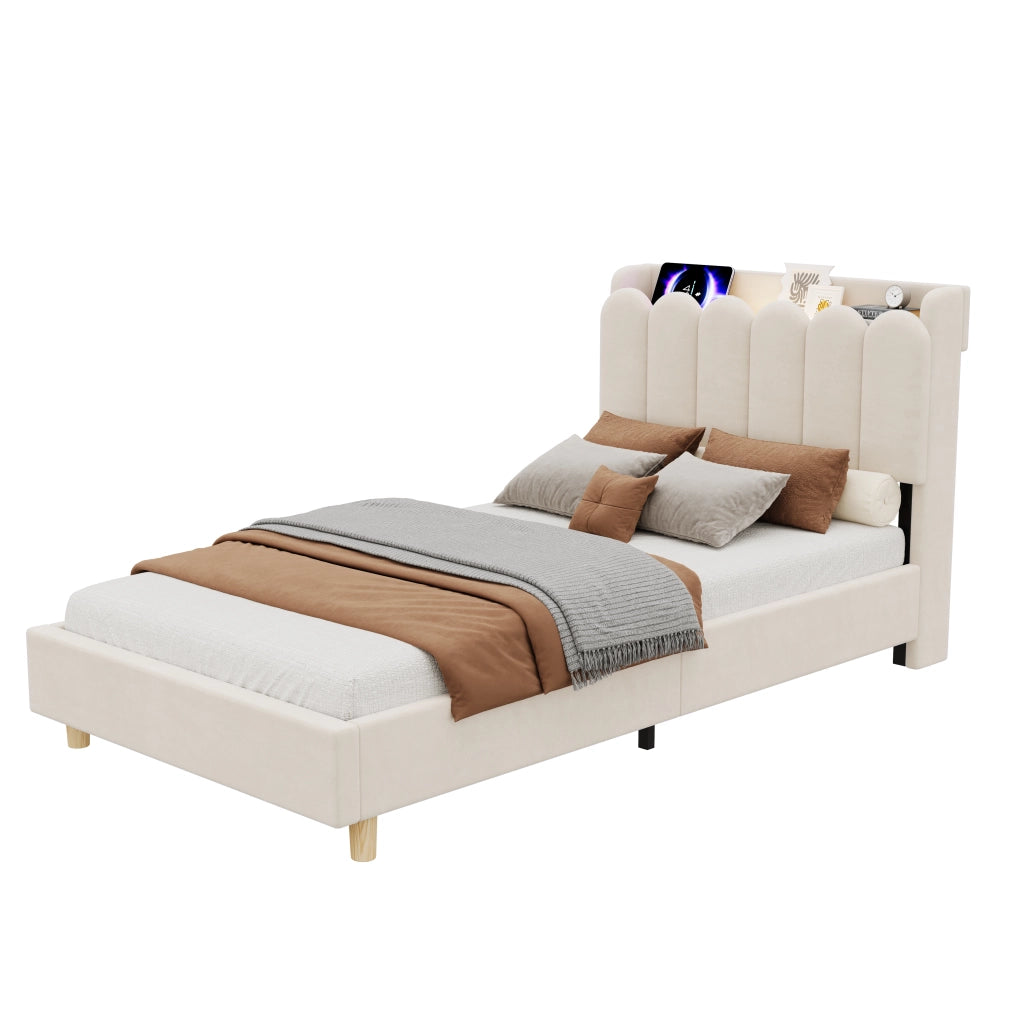 Letto singolo imbottito 90x200 cm in velluto beige, testiera contenitore, USB/Type-C e lampada da lettura