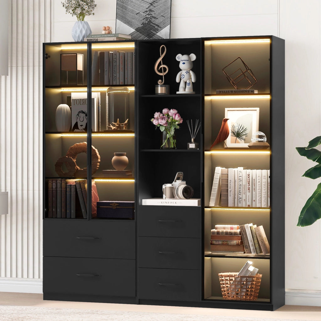 Vetrina LED modulare con ante in vetro, ripiani aperti e cassetti, per soggiorno e cucina, nero, 140 × 40 × 160 cm