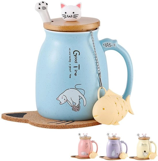 Ceramica per Caffè con Coperchio di Gatto - Blu - Cucchiaio in Acciaio Inossidabile - 380ML