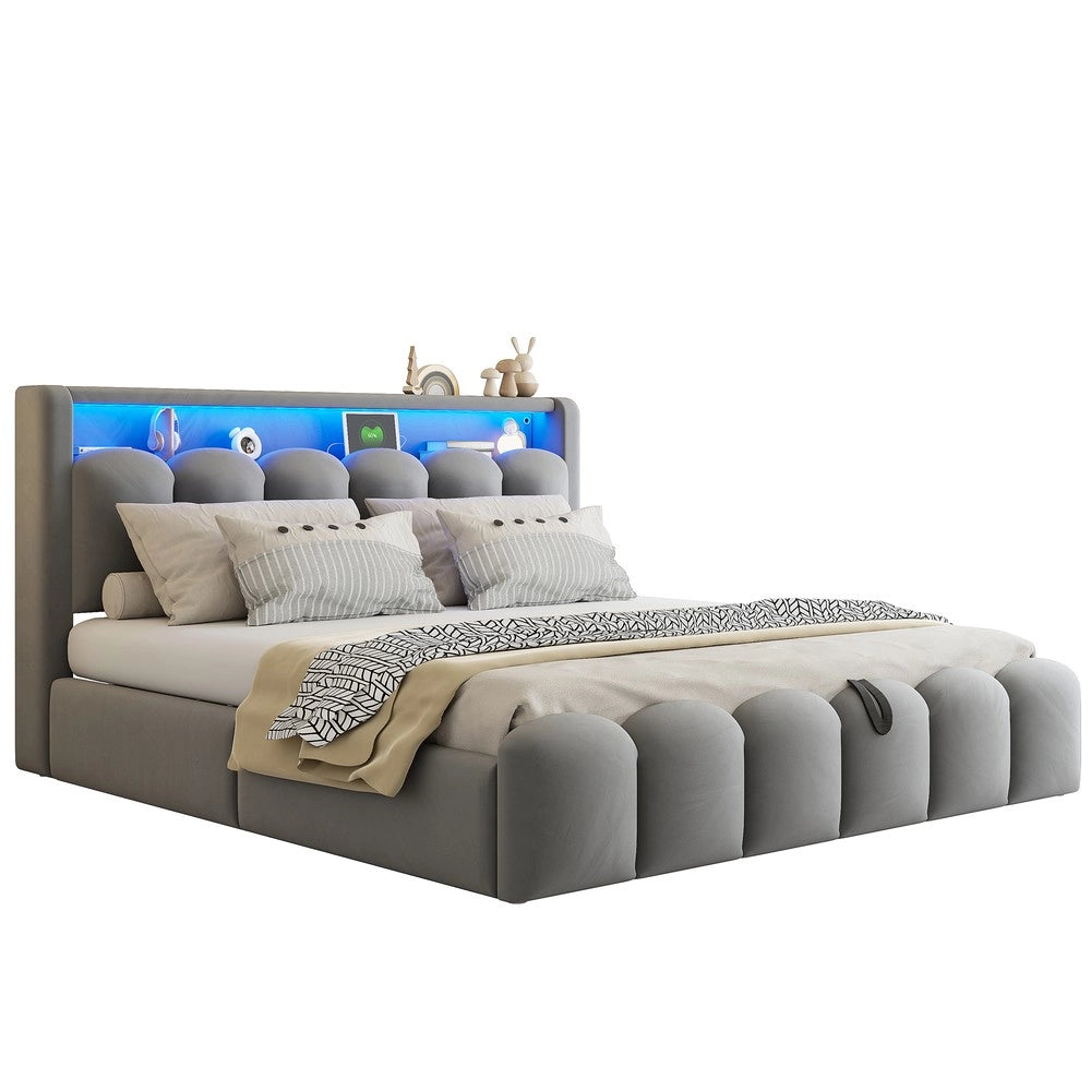 Letto Contenitore Imbottito 180x200 ¨C MINIMAL ¨C Grigio, Velluto, LED, USB, Testiera con Cassetti