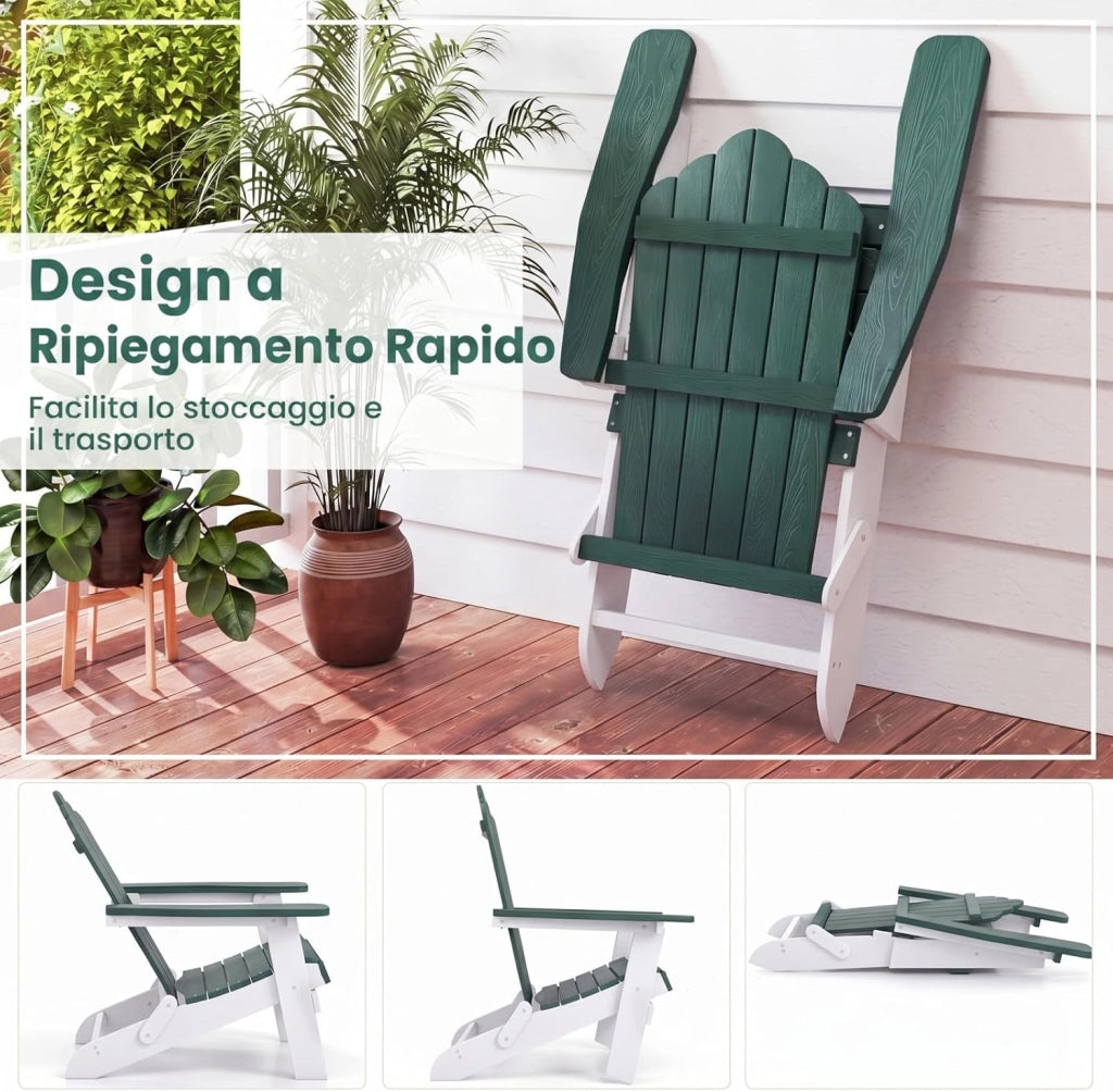 Sedia Adirondack Pieghevole da Giardino, Sedia da Patio in HIPS con Braccioli Larghi e Schienale Inclinato, Poltrona in Legno, per Giardino Cortile, Portata 180 kg (2, Verde+Bianco)