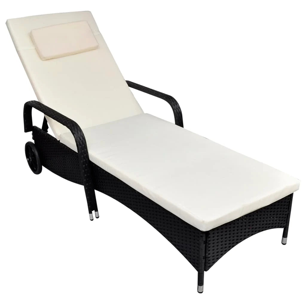 Lettino prendisole sedia a sdraio lettino prendisole letto da giardino mobili da esterno per patio con cuscino e ruote resina intrecciata nera 02_0012450