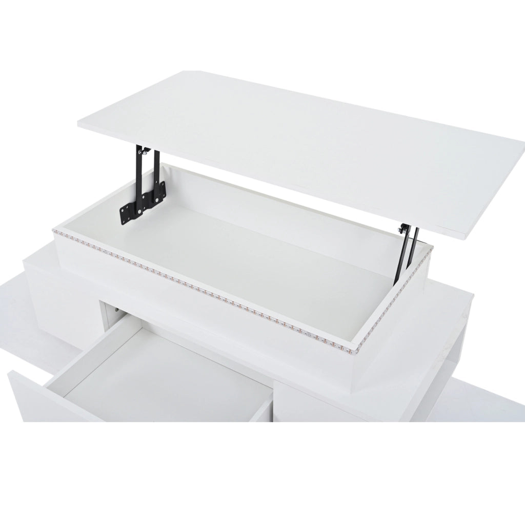 Tavolino elevabile con contenitore, cassetto e luci LED, bianco