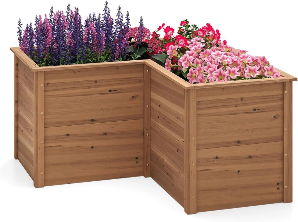 Letto Rialzato da Giardino in Legno, Fioriera da Esterno a Forma di L con Base Aperta, Aiuola per Frutto, Erbe, Verdure e Fiori da Blacone, Cortile e Prato, 120 x 120 x 63 cm (Naturale)