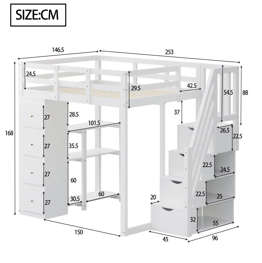 Letto a soppalco 140x200 cm in legno bianco con 4 cassetti; ripiani e scala laterale