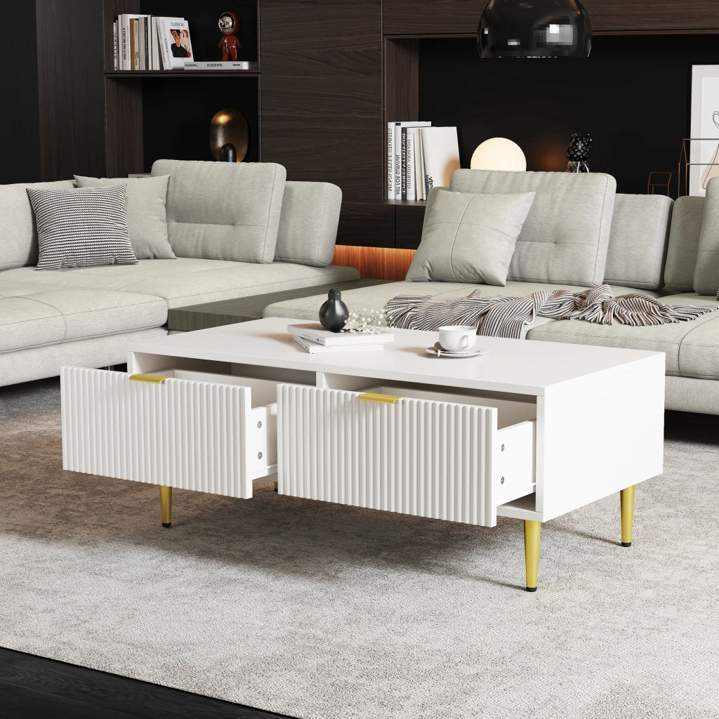 Tavolino da salotto moderno - Zephmum - 100x50x40cm - Bianco - Accenti dorati, 2 cassetti
