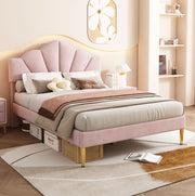 Letto imbottito in velluto 140x190 cm rosa con testiera a conchiglia e piedi dorati