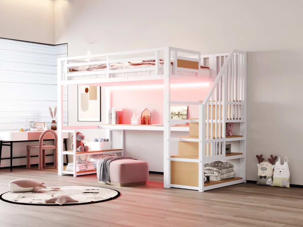DESMIU Letto a soppalco 90 × 200 cm 1 posto con scrivania, mensole e scala contenitore, senza materasso, bianco