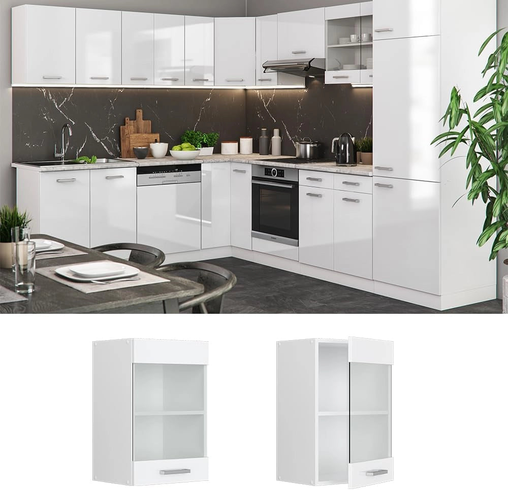 Mobile da cucina in vetro R-Line, Bianco lucido, 40 cm, per la libera combinazione all'interno di sistemi cucina modulari