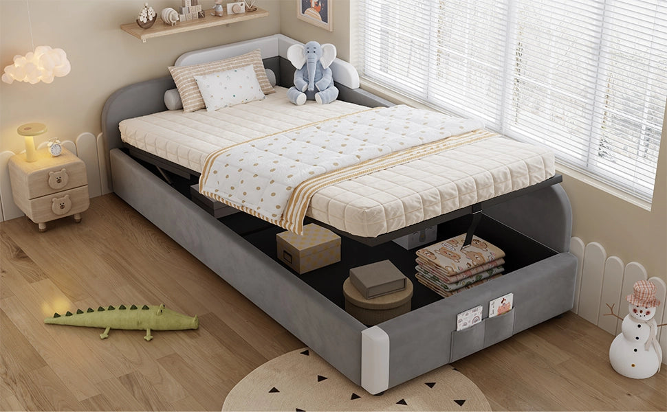 DESMIU Letto per bambini 1 posto con vano contenitore, sponda imbottita e tasca portaoggetti 90 × 200 cm, senza materasso
