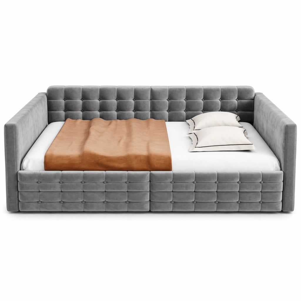 Letto imbottito contenitore 140x190, velluto grigio, testiera a quadri, 2 cassetti e tasche laterali