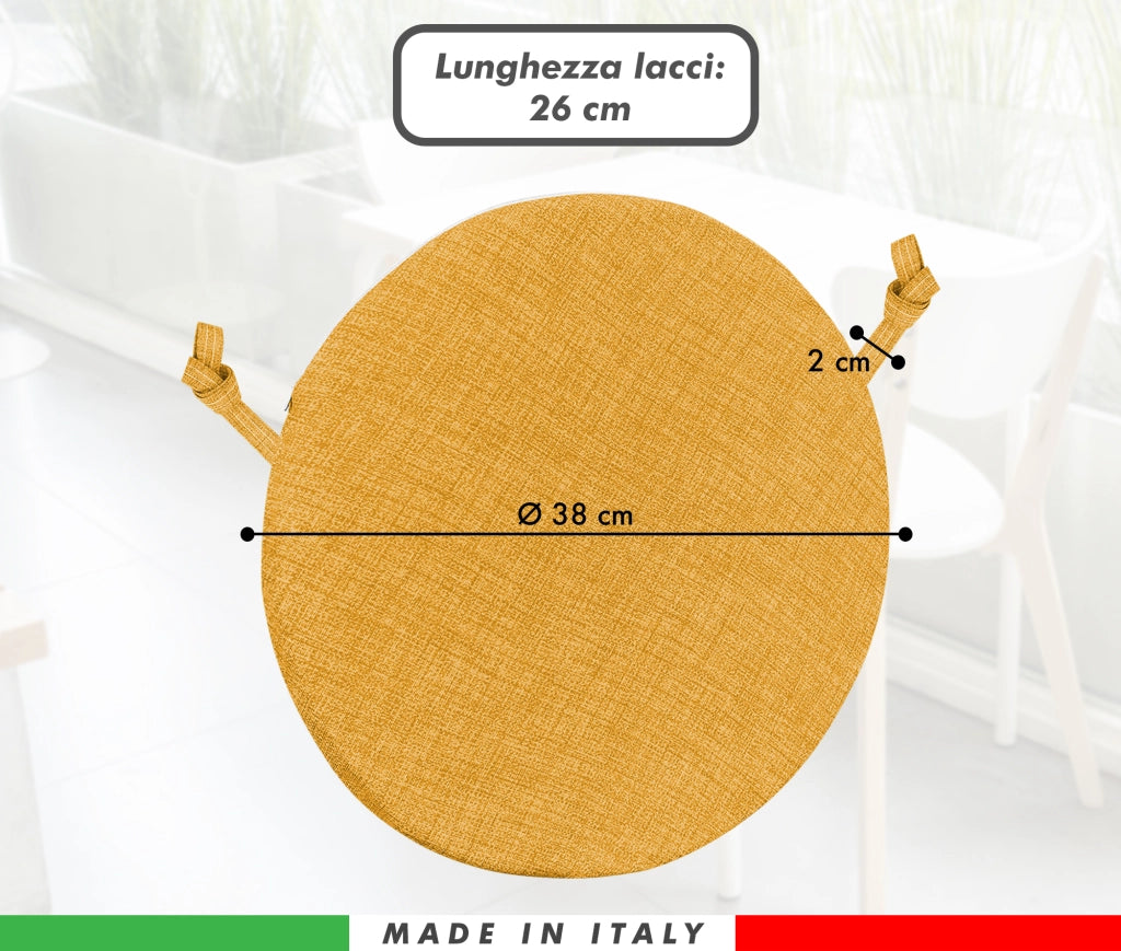 Cuscini Rotondi Per Sedie Cucina Imbottiti Sfoderabili Con Cerniera Cuscino Rotondo Ø 40 Cm Sedia Tavolo Lavabile In Lavatrice Con Lacci Per Fissaggio Prodotto Italiano Comodi 4 Pezzi - Giallo