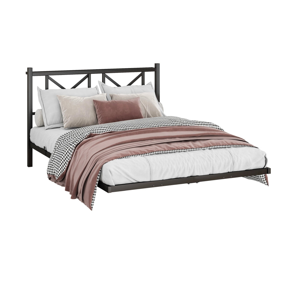 Letto matrimoniale 140 × 200 cm con illuminazione LED, stazione di ricarica USB, senza materasso, in metallo nero
