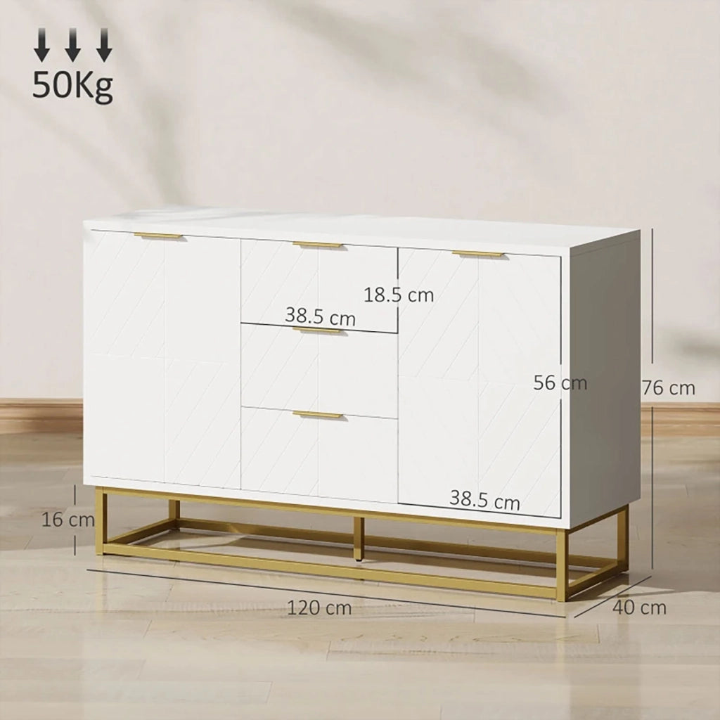 Mobile Credenza 3 Cassetti 2 Ante 120x40x76 cm in MDF e Metallo Bianco