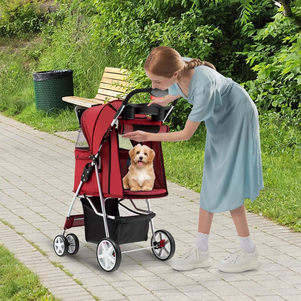 Passeggino per Cani, Carrozzina per Cani Pieghevole Fino a 15 kg, 4 Ruote con Finestra a Rete Porta Bicchiere e Cesto, Passeggino Portatile per Animali Piccola e Media (Rosso)