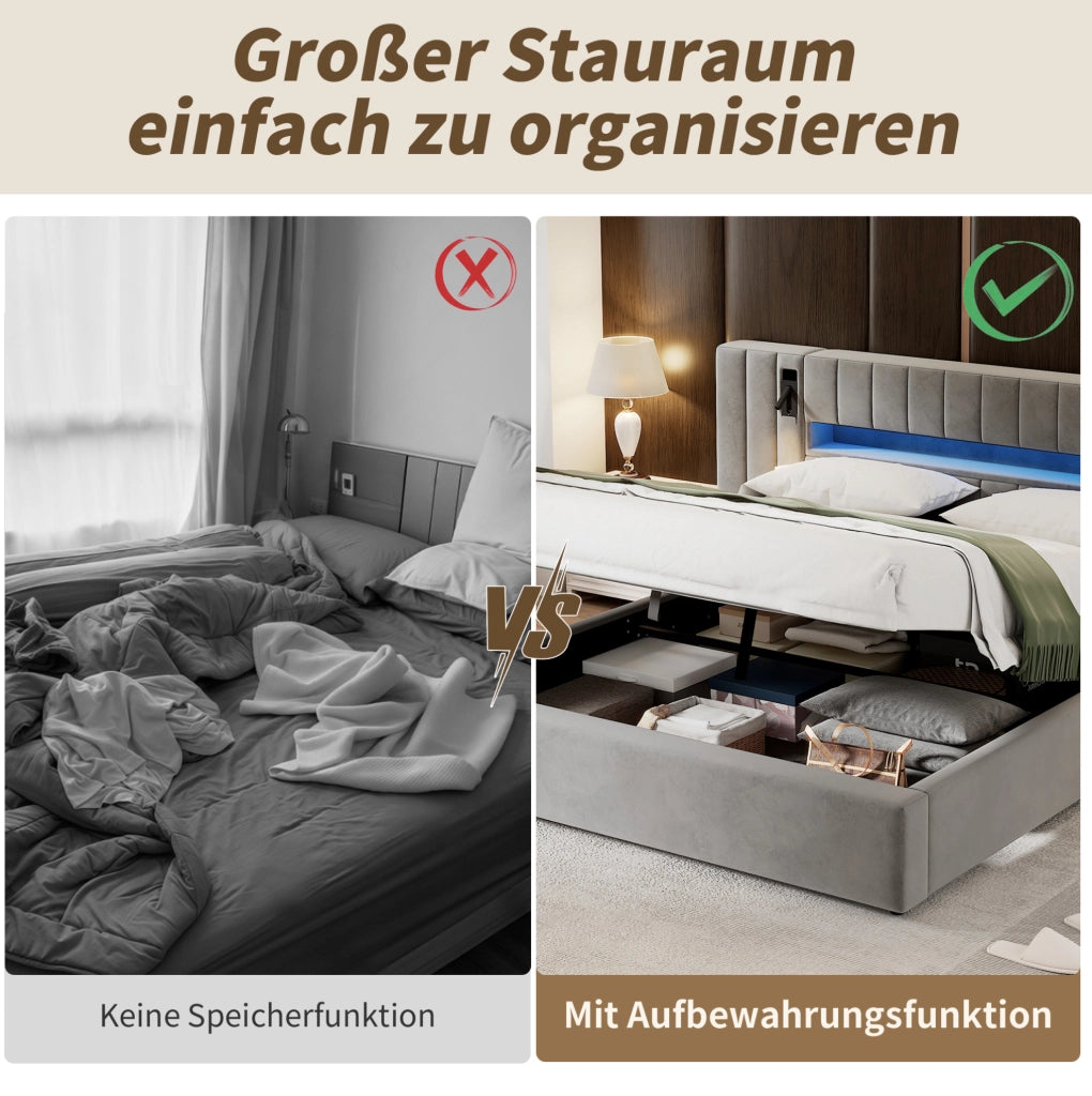 Letto matrimoniale 180x200 cm in velluto grigio con LED e USB