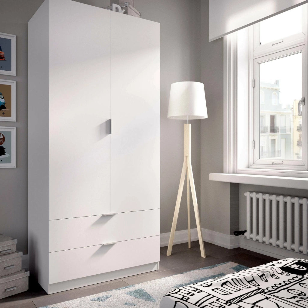 Guardaroba Darest, Armadio per camera da letto a 2 ante e 2 cassetti, Mobile per camera da letto con barra appendiabiti, cm 81x52h180, Bianco