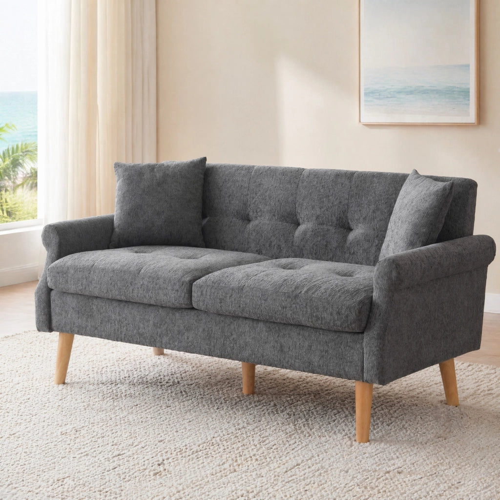 Divano a 2 posti in tessuto Chenille grigio, struttura in legno massello, seduta imbottita 15 cm