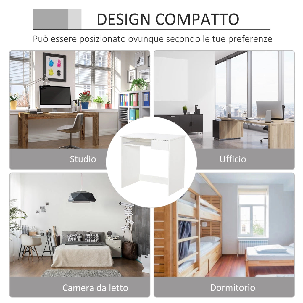 Scrivania per Computer e Ufficio Salvaspazio 80x45x75 cm con Ripiano Tastiera e Cassetto Bianco Moderno per Studio e Casa