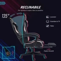 Sedia da Gaming Reclinabile con Poggiapiedi e Cuscini, in Finta Pelle e Spugna, 65x62x116-124 cm, Rosa e Nero