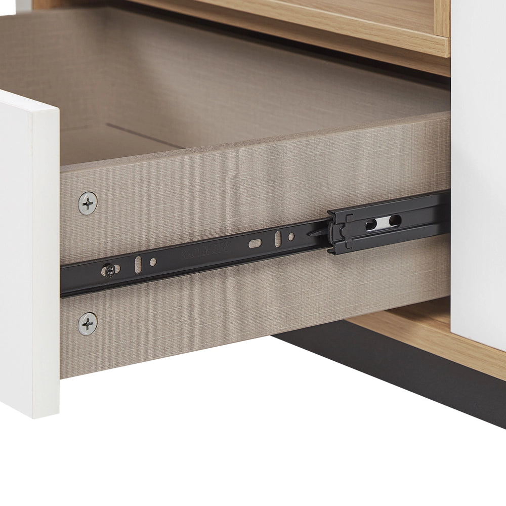 Mobile TV in legno chiaro con bianco per TV fino a 75ʺ in legno pregiato con cassetti e ripiani Gestione dei cavi