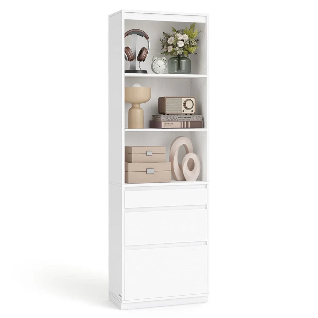 Libreria/credenza alta con 3 cassetti di diverse dimensioni e ripiani regolabili 30 x 57,1 x 180 cm per soggiorno camera da letto o ufficio design moderno salvaspazio bianco 12_0004216