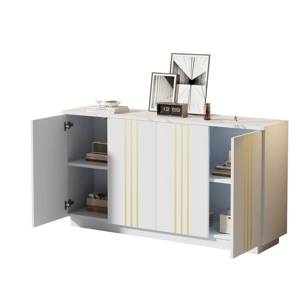 Credenza 35x140x70 cm con 4 ante e ampio spazio contenitivo in truciolato bianco e oro