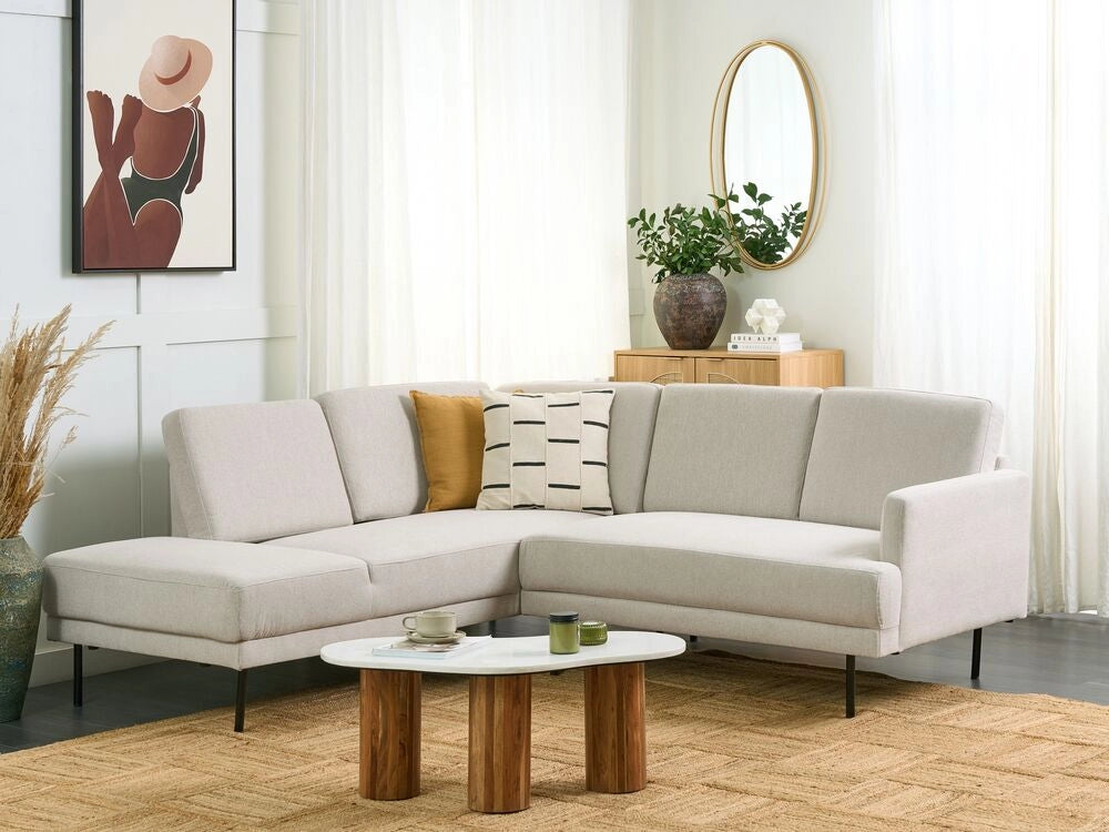 Divano angolare destro in poliestere beige Divano a 4 posti imbottito con gambe in metallo, tessuto e schienale imbottito, moderno e minimalista