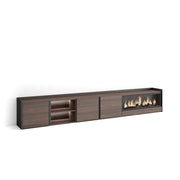 Mobile TV Soggiorno, 315x50x35 cm, Per TV fino a 80", Camino elettrico XXL, LED, Rovere scuro e Nero