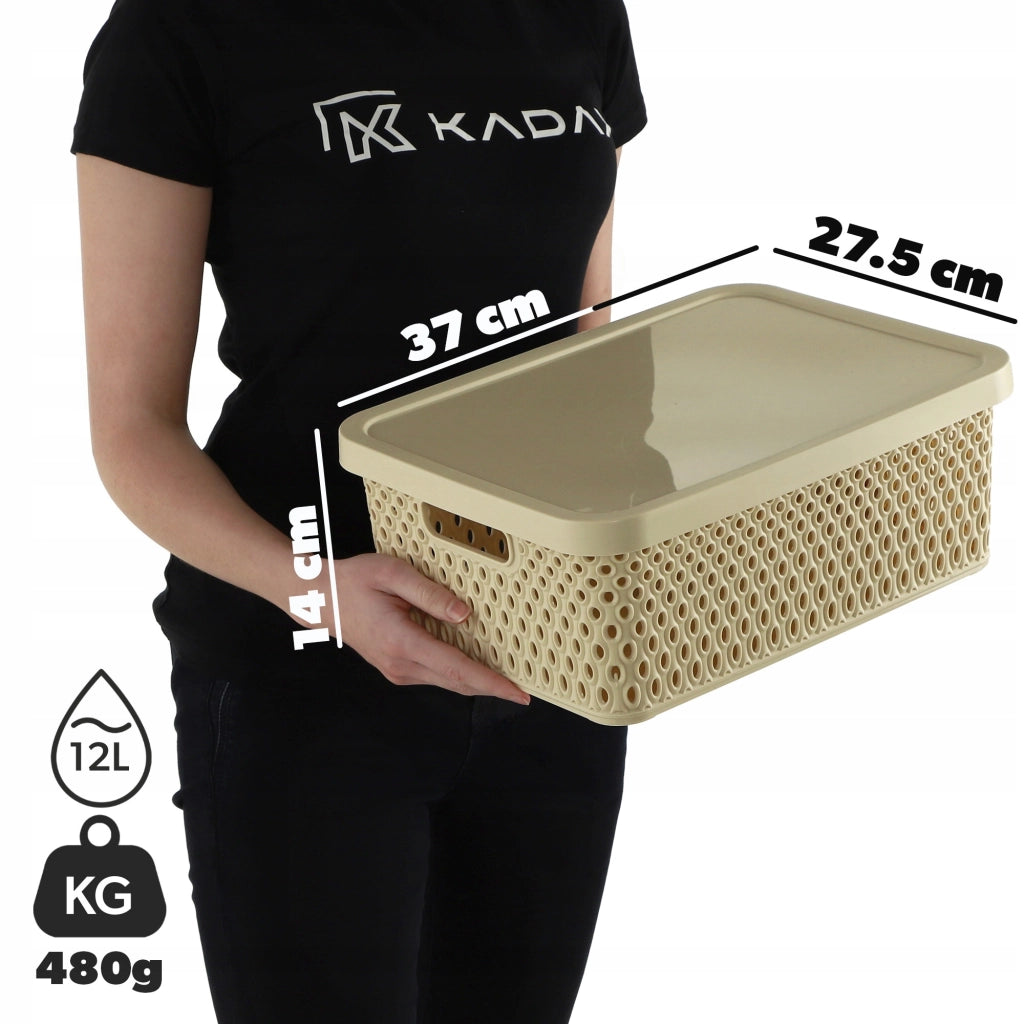 Set di 3 cestini in plastica beige KADAX con coperchio.