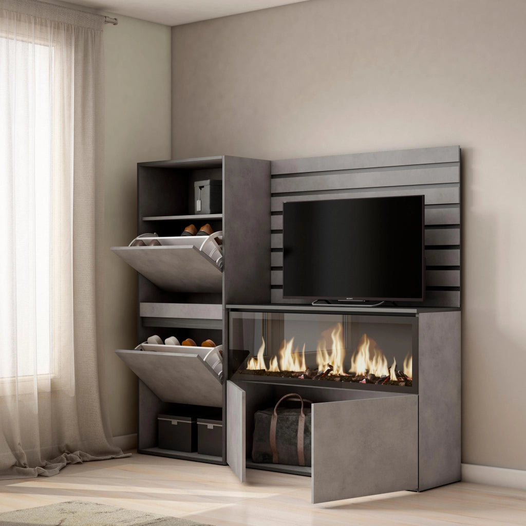 Credenza, 167x35x145cm, Camera da letto, Camino elettrico XXL, Scarpiera, grigio cemento RF3391