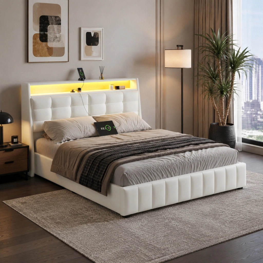 Letto matrimoniale 160x200 con LED, USB e contenitore