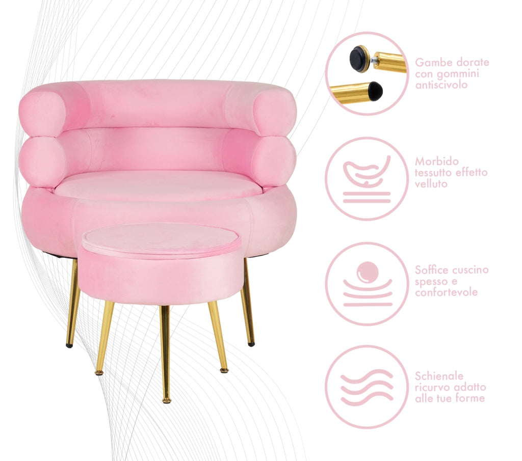 Poltrona Camera da Letto e Salotto in Velluto con Poggiapiedi Contenitore - Poltroncina Relax Moderna con Gambe in Metallo Placcato Oro - Design Moderno, Seduta Morbida con Cuscino - Sedia in Velluto - Rosa