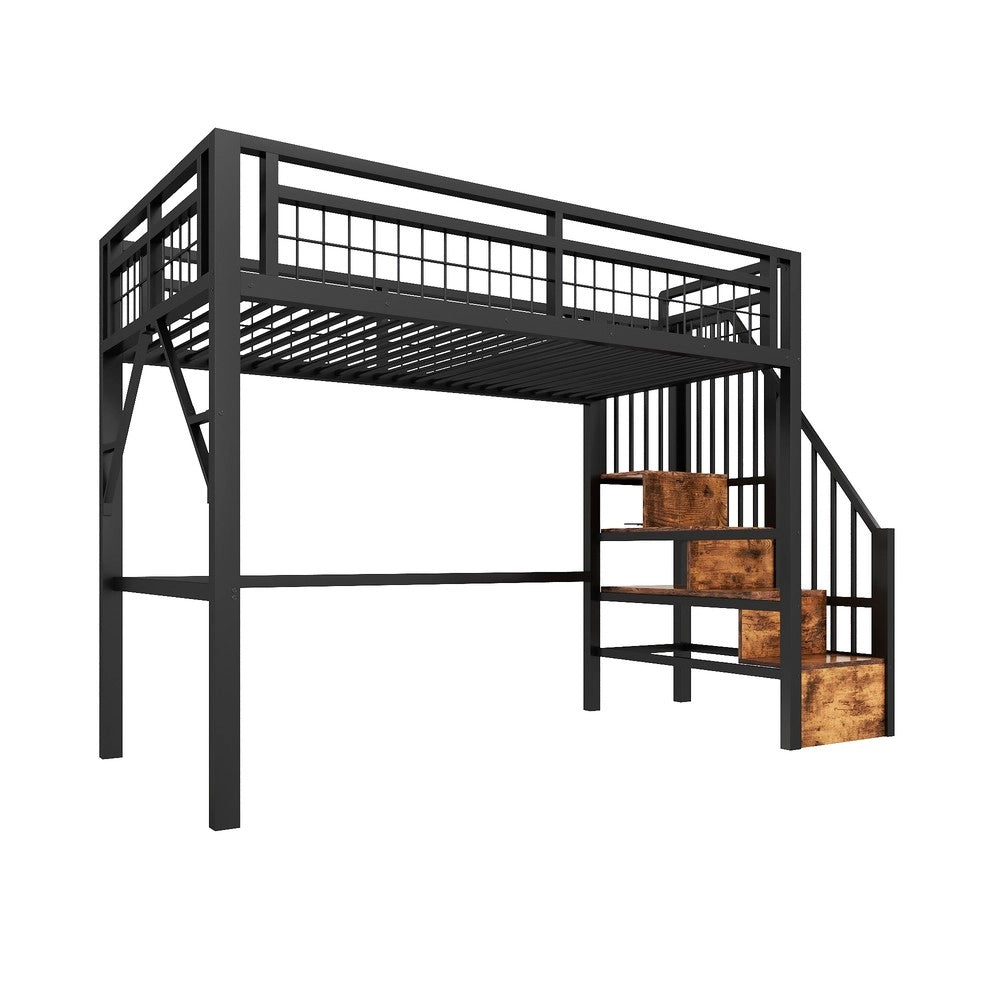 Letto a Soppalco con LED e Scaletta con Vano ¨C Xylo ¨C Nero 90x200 Metallo