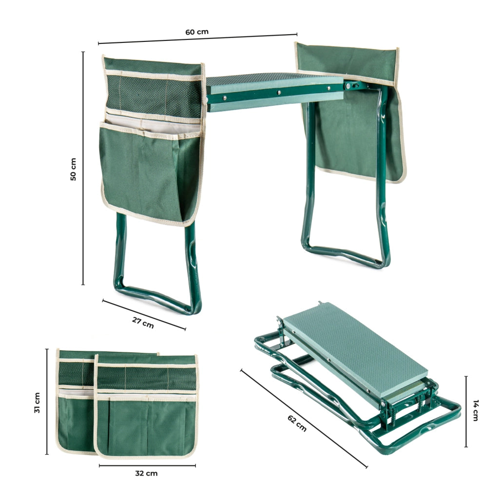 Sgabello Inginocchiatoio da Giardino Pieghevole con Tasche Porta Attrezzi, Ginocchiera Seduta Imbottita Multiuso, Struttura in Metallo Robusta, Supporto per Giardinaggio Ergonomic